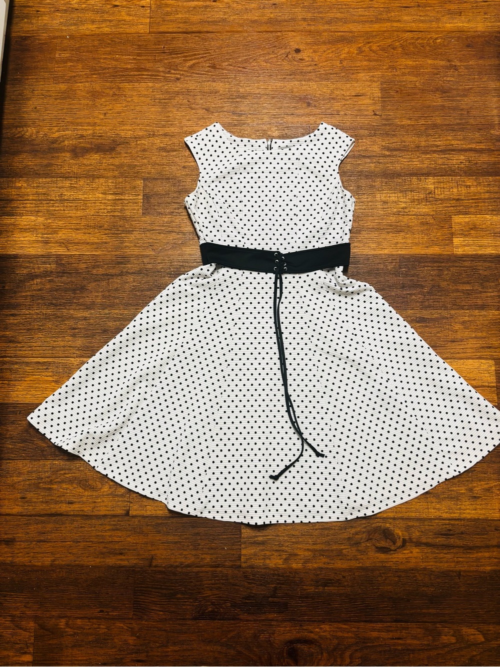 Danny & Nicole White Polka Dot Fit-and-Flare Dress with Black Belt